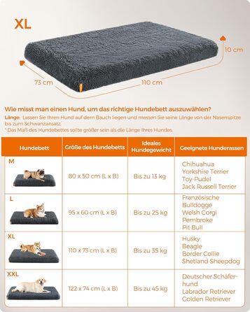 Feandrea Dog Bed, Orthopedic Dog Cushion, padded with egg foam, removable and washable cover, size M, for small and medium dogs, 80 x 50 x 8 cm, PGW211G02 (L 110 x W 73 x H 10 cm, Dark Grey)