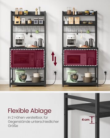 Стелаж кухонний VASAGLE з розетками, для мікрохвильової печі, з решіткою, 14 гачків, 40 x 80 x 170 см, антрацит-чорний