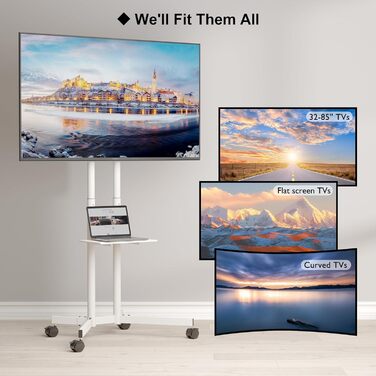 Підставка для телевізора BONTEC на колесах, регульована по висоті, для LCD, LED, OLED, Plasma, Flat & Curved телевізорів 32-85 дюймів, до 60 кг, VESA 600x400 мм (біла)