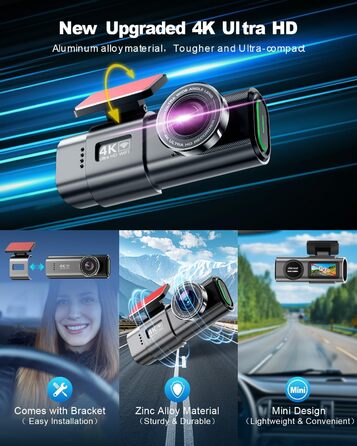 Відеореєстратор 4K WiFi з App-керуванням, 64GB SD-карта, кріплення, IPS 1.47', 170° кут огляду, Нічне бачення, WDR, G-сенсор, циклічна запис, 24/7 паркувальний режим