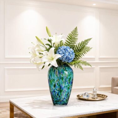 Скляна ваза блакитно-зеленого кольору 22,9 см, ручної роботи, сучасний дизайн, широке горло, для квітів та декору, ідеальна для вітальні, кухні, весілля, офісу