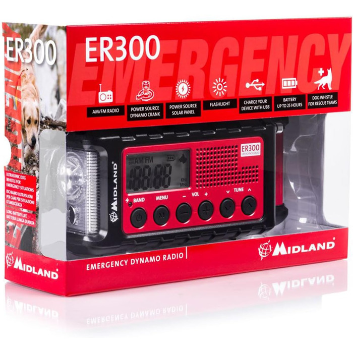 Радіо Midland ER300: аварійне радіо, Powerbank, FM/AM, динамо-ліхтарик, USB, акумулятор, C1173
