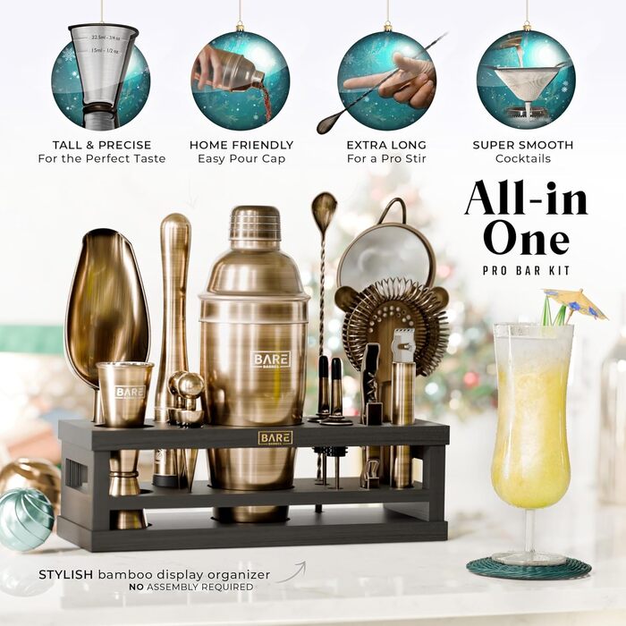 Набір бармена BARE BARREL® Mixology: 16 предметів для приготування коктейлів | Шейкер, барний аксесуар, набір для дому | 35 рецептів, 24oz Cobbler Shaker
