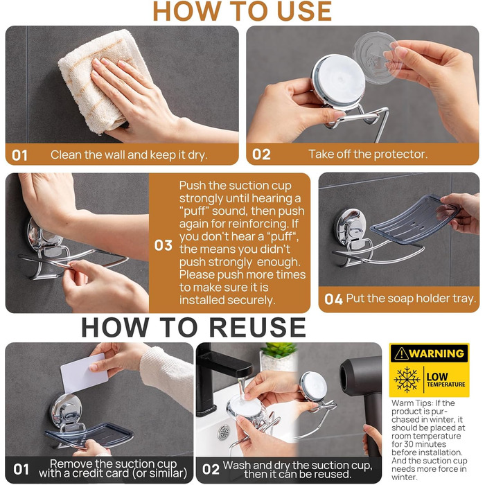 Тримач для мила LEVERLOC з піддоном, місткість до 3 кг, настінний, без свердління, з присосками, для ванної кімнати та кухні, білий (1 ступінь хромована сталь)