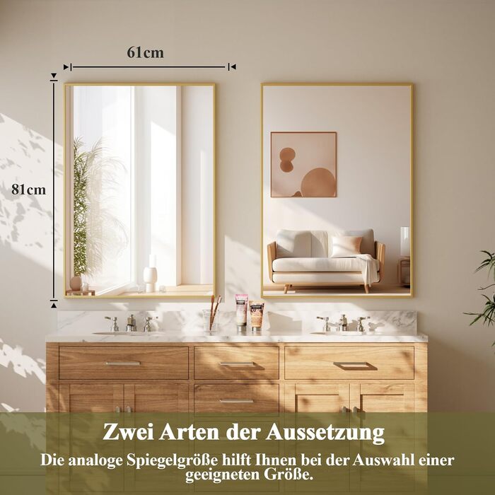 Дзеркало настінне прямокутне Beautypeak 81x61 см з металевим каркасом, безпечне для ванної кімнати, спальні, вітальні, золотий колір