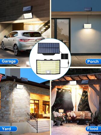 Сонячні вуличні LED ліхтарі з датчиком руху, 226 LED, 3 режими, IP65, 180° кут освітлення, настінні, з кабелем 5 м, для саду та гаража, 2 шт.