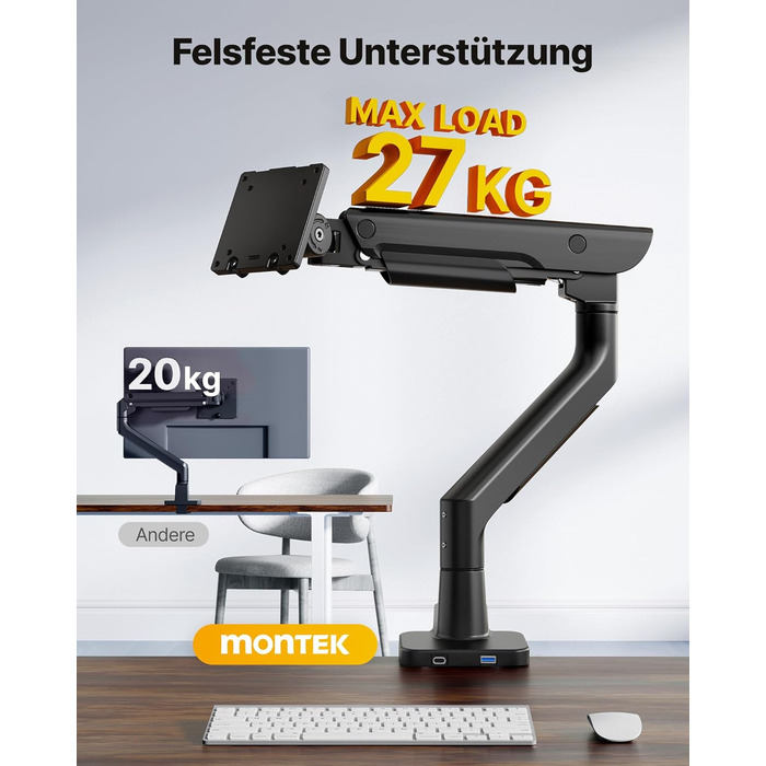 Кронштейн для монітора monTEK для Ultrawide-екранів 17–57 дюймів до 27 кг, алюмінієвий пневматичний підйомник, регулювання висоти, VESA 75x75/100x100, USB 3.0, чорний