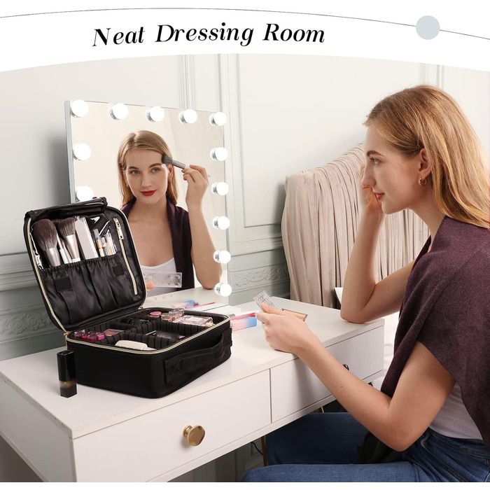 Косметичка для макіяжу та косметики, органайзер для подорожей, чорна. З ручкою та регульованими перегородками