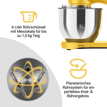 Кухонний комбайн KLAMER 1800W, планетарний міксер для тіста з чашею з нержавіючої сталі 6л (Premium Yellow)