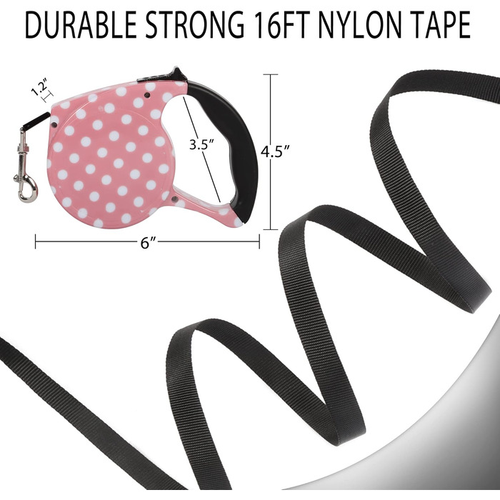 Висувна поводок для собак, 5 м, для маленьких та середніх собак до 25 кг, антизаплутування, міцний нейлоновий поводок (рожево-білі крапки)