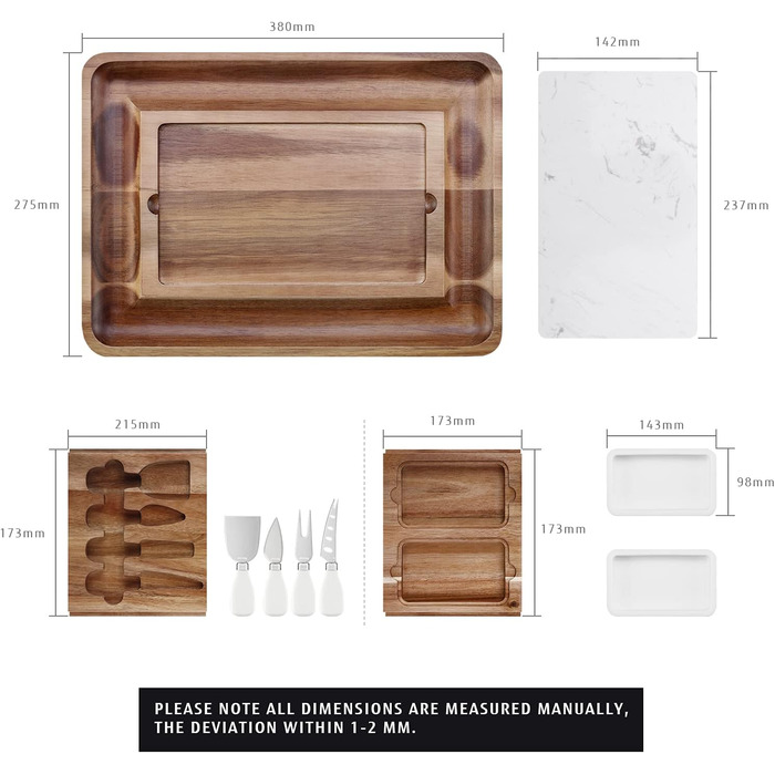 hecef Cheese Board Set, Acacia Wood, Square Cheese Board with 2 Pull-Out Drawers & Cutlery Set & Snack Plates & Marble Cheese Slate