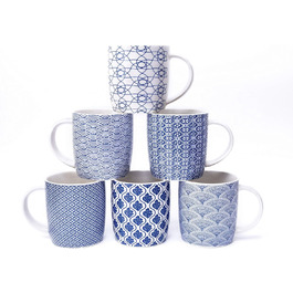 Set of 6 coffee cups with black and white geometric pattern, ceramic tea cup set of 6 (black cup set) (Blue)