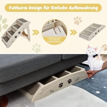 COSTWAY 4-Step Pet Stairs with Carpet, Dog Stairs Plastic Cat Stairs Foldable, Portable Dog Ramp Pet Stairs for Dogs and Cats, Pet Ramp for Climbing and Scratching (Beige)