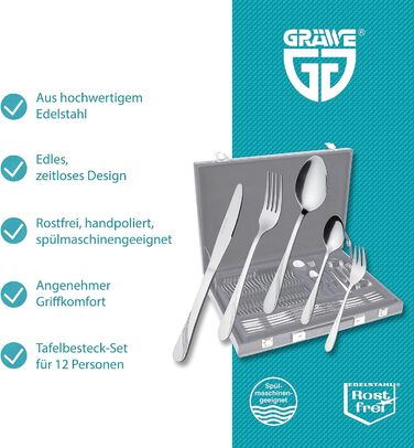 GRÄWE Cutlery Case for 12 People made of Stainless Steel, 60-Piece Cutlery Set, Nickel-Free, Rust-Proof, Hand-Polished, Dishwasher-Safe - Stralsund Series
