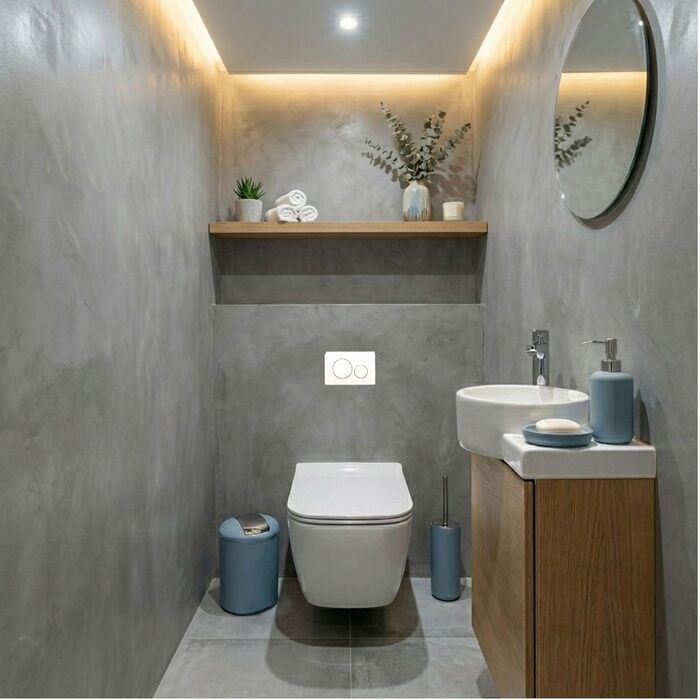 Набір аксесуарів для ванної кімнати 6 предметів, пластик, сірий: йоржик для унітазу, відро, стакан для зубних щіток, мильниця, дозатор для мила, піднос