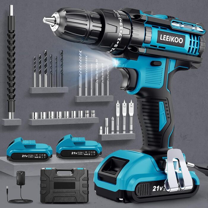 Акумуляторний шуруповерт LEEIKOO 21V з акумулятором 2.0Ah, 42N.m, 10мм патрон, 2 швидкості, 18+1 момент, 20шт аксесуарів, LED, сірий