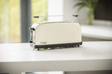 Тостер Russell Hobbs Colours+ з широким слотом, 2 скибки, нержавіюча сталь, кремовий, 1000 Вт, підставка для булочок, 6 режимів підсмажування, функція розморожування