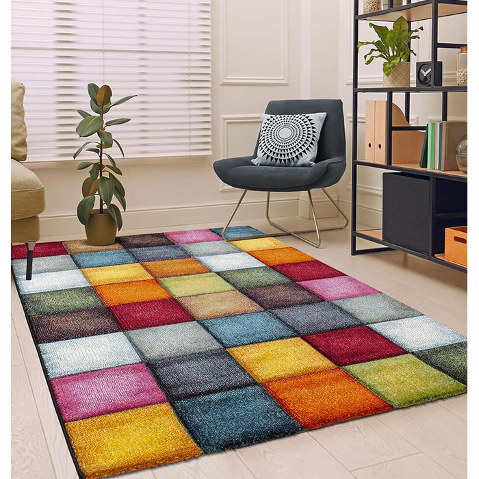 Monde Deluxe Living Room Carpet, Hand Carved, Short Pile, Colorful, Multicolored, Blue, Red, Brown, Green, Grey, Checkered, 80 x 150 cm, Multicolored