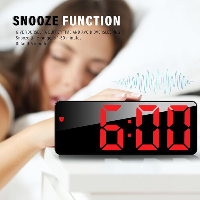 Цифровий будильник JQGO з LED дисплеєм, USB-кабель, регулювання яскравості, показник температури, функція відкладання, голосове керування, для спальні, червоний