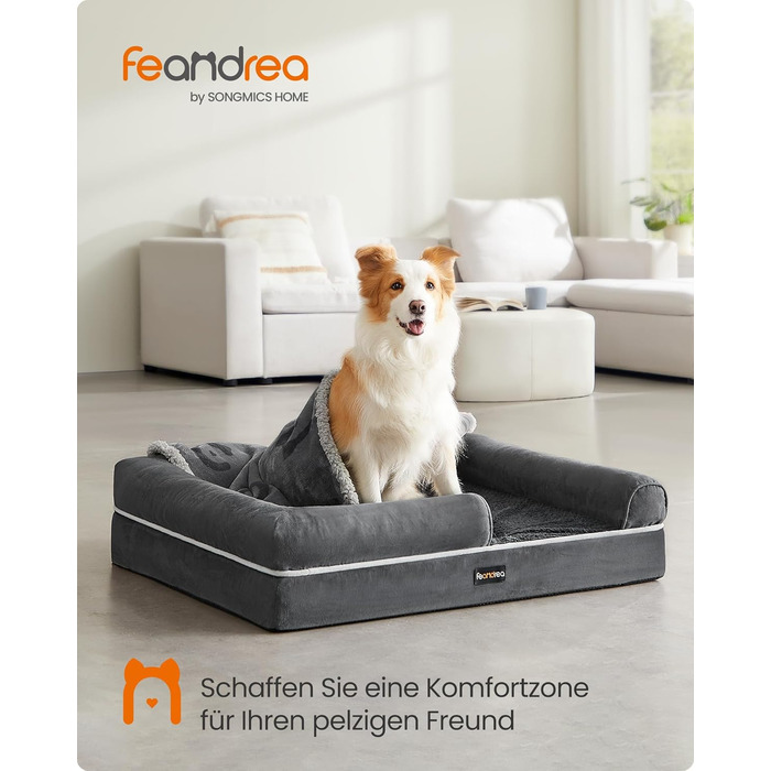 Feandrea Orthopedic Dog Bed, Dog Cushion, Dog Basket, Soft Padding, Dog Sofa, Raised Edges, Removable and Washable Cover, 91 x 71 x 20 cm, Non-Slip Bottom, Dark Grey PGW076G01