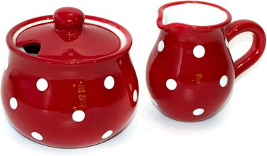 UNGARNIKAT Sugar and Milk Set, Red Milk Jug and Sugar Bowl with Hand-Painted White Dots, Sugar Bowl with Lid, Creamer made of Ceramic, Dishwasher Safe.