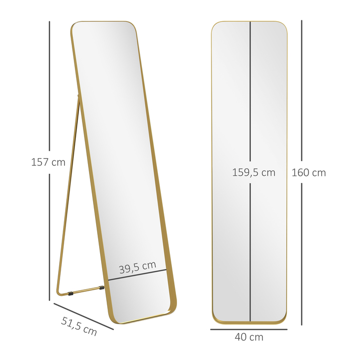 HOMCOM Full-Length Mirror 160 x 40 cm Slim Standing Mirror with Metal Frame and Shatter-Resistant Glass, Wall Mirror for Standing, Leaning, Mirror for Living Room, Bedroom, Hallway, Gold | Aosom