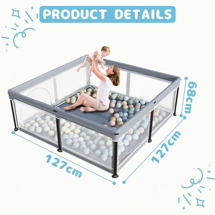 Манеж для малюка з матрацом 127×127 см, складаний, для дому та вулиці, з 50 океанічними кульками (синій)
