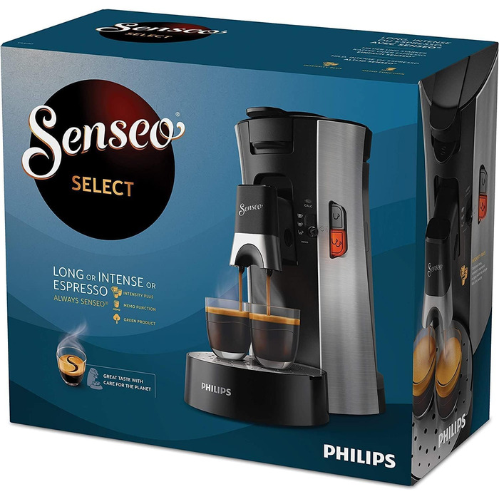 PHILIPS Senseo Select Coffee Pad Machine – Coffee Strength Choice Plus, Memo Function, Crema Plus Technology, 0.9L Water Tank, Two-Cup Function, Adjustable Outlet, Environmentally Friendly (CSA250/10) Brushed Steel