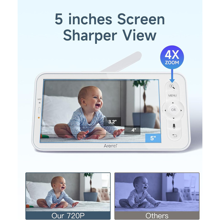Дитячий відеомонітор Arenti з камерою та додатком, 5' дисплей, 1080P, PTZ, датчик температури, колискові, нічне бачення, 2-сторонній аудіо, VoX, автоматичне відстеження B2