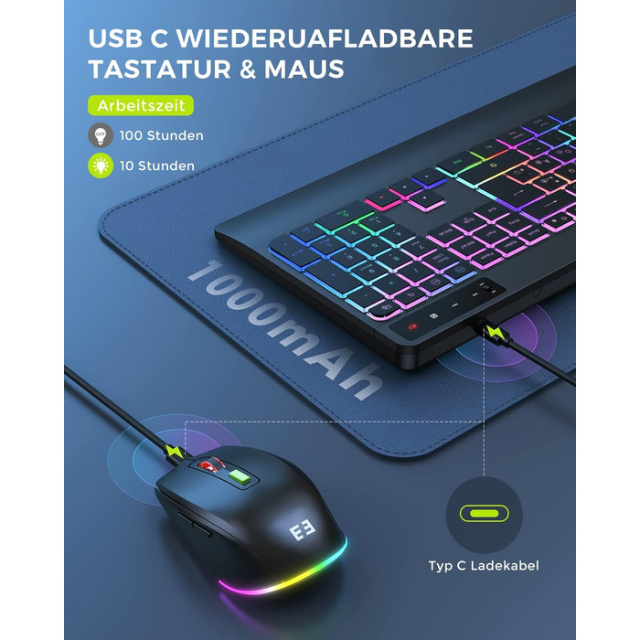 Бездротовий комплект клавіатури та миші Seenda JPX006 з підсвічуванням, USB/Type-C, QWERTZ, з підставкою для телефону та підкладкою для зап'ястя, для PC/Windows/Mac, тихий клік, чорний