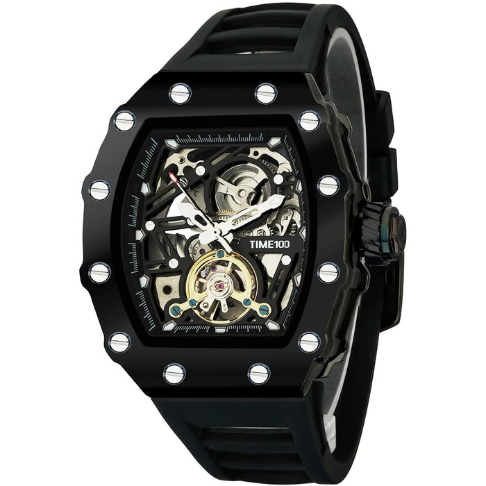 TIME100 Автоматичний годинник для чоловіків: водонепроникний, з підсвічуванням, серія Pilot, Angel Wing, бізнес-стиль, механічний годинник з шкіряним/силіконовим ремінцем, скелетний дизайн (чорний)