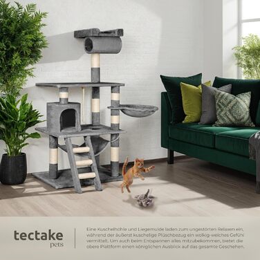 Котячий будиночок Tectake з гамаком, лежаком, печерею, сходами, трубою та іграшковою мотузкою. Великий котячий будиночок з сизалю та плюшу, котячий комплекс XXL з гамаком (Сірий)