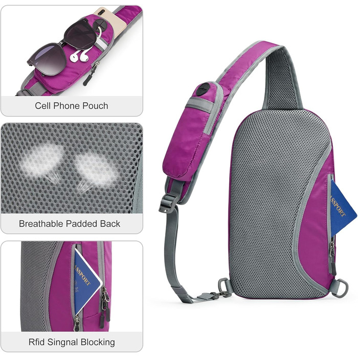G4Free Сумка на плече, RFID-захист, кросбоді рюкзак з передньою кишенею, для походів, щоденний рюкзак, нагрудна кишеня для жінок та чоловіків (фіолетовий)