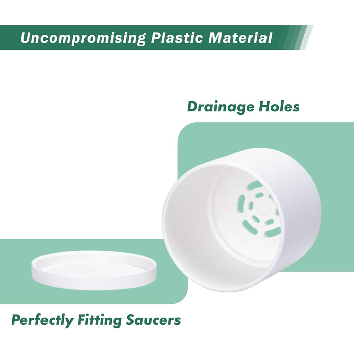 High-quality plastic plant pots, 2 inches (5.1 cm), available in sizes 2.4, 2.5, 3, 3.5, 3.7, 4, 4.7, 5, 5.5, 6 inches - complete set of 10 white plant pots with drainage holes and seamless saucers.