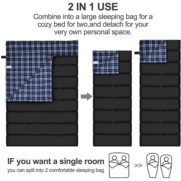 Cotton Flannel Double Sleeping Bag for Camping, Hiking, and Backpacking - Queen Size 2 Person Waterproof Sleeping Bag for Adults & Teens - Lightweight Black/Blue