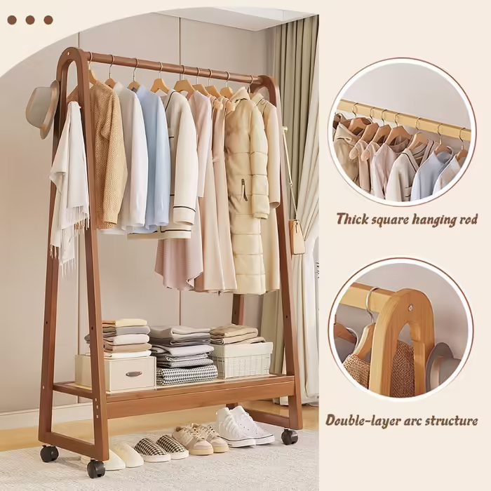Rolling Garment Rack, Coat Rack, Open Wooden Wardrobe, Wooden Clothes Rail with Blue, Bamboo, Multifunctional, Freestanding, Stable, for Entryway, Living Room and Office (50CM, B)