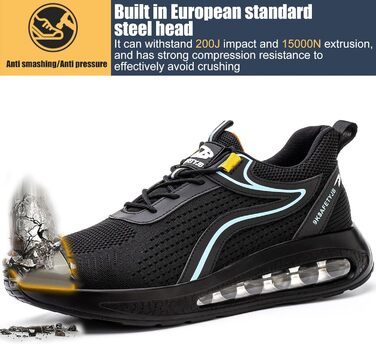 Черевики робочі чоловічі та жіночі S3 з металевим підноском, легкі, антиковзаючі, дихаючі, спортивні, чорно-сині, 42 EU