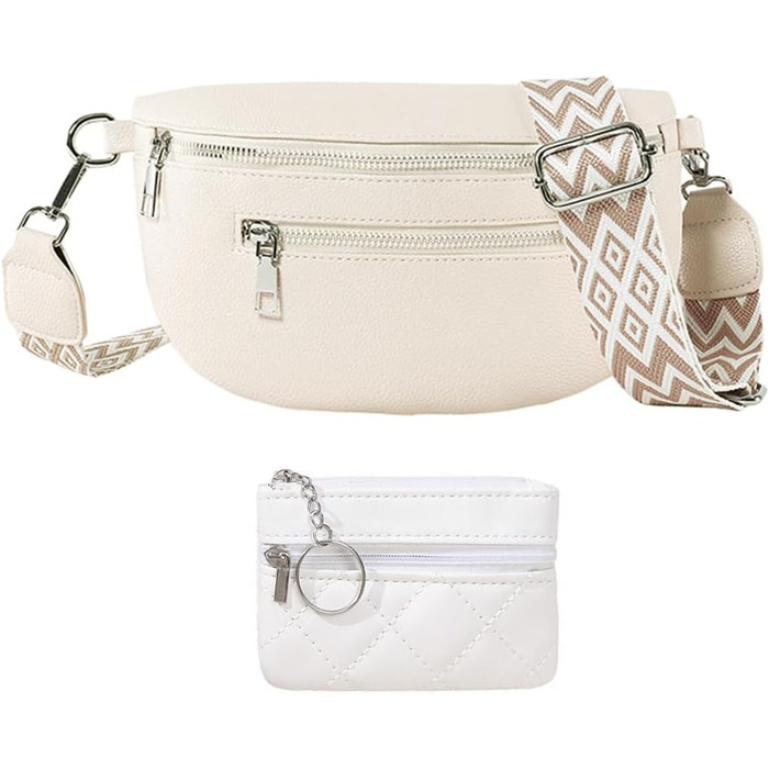 Жіноча сумка через плече з відділенням для дрібних грошей, шкіряна бананка, середнього розміру, з широким регульованим ремінцем. Ідеальна для фестивалів, подорожей та повсякденного використання. Білий колір.