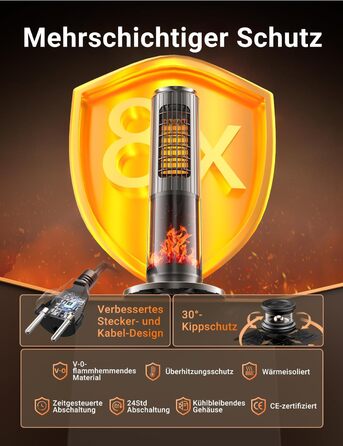 Електричний обігрівач керамічний 2000W з термостатом, дистанційним керуванням, ефектом каміну, осциляцією 70°, ECO-режим, таймером 1-8 год, захистом від перегріву та перекидання, тихий, для офісу та вітальні