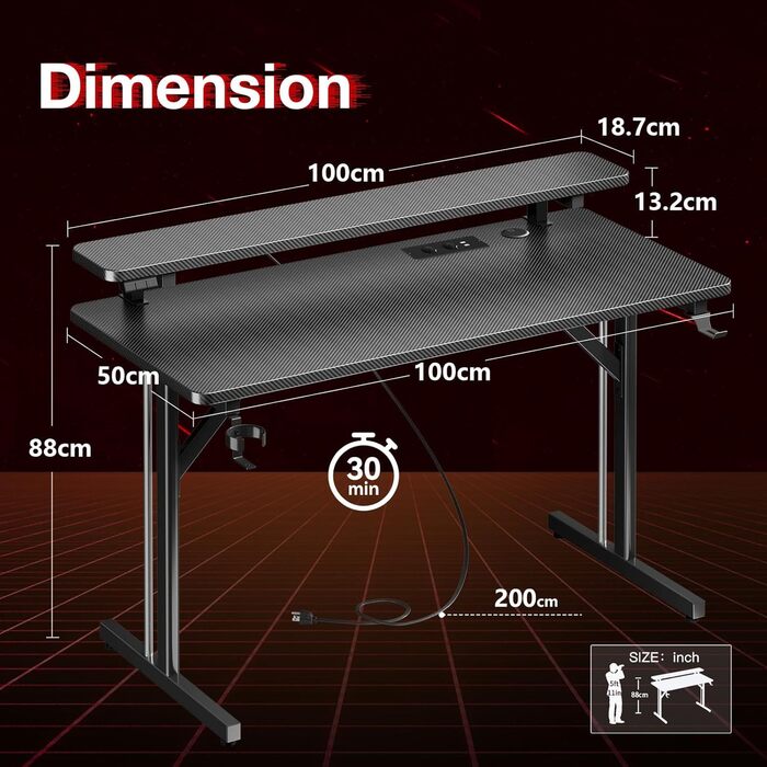 Small LED Gaming Desk with Power Outlets - Carbon Fiber PC Gamer Table 80cm/100cm