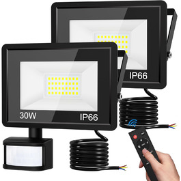 LED прожектор з датчиком руху для вулиці, 30Вт, суперяскравий, з пультом, водонепроникний IP66, 6500K холодне світло, для саду, гаража, двору, настінний, 2 шт.