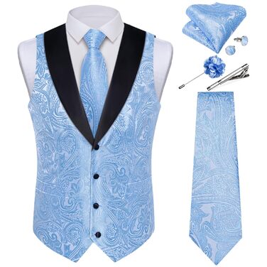 Костюм чоловічий DiBanGu 7-частинний: жакардовий піджак, жилет, краватка, кравецький комірець, сорочка, штани. Ідеально для весілля, свят, офіційних заходів. Кольори: золото та чорний (XXL, небесно-блакитний)