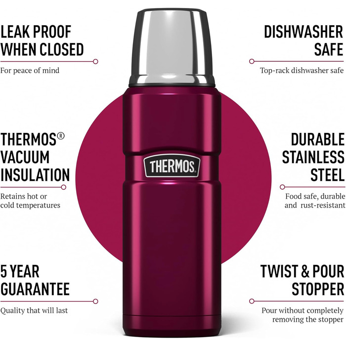 Kleine King Stainless Steel Thermos Flask - 470ml, Hot & Cold, Raspberry Color