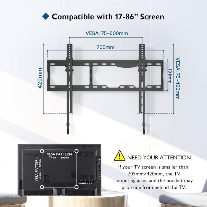 Кріплення для телевізора BONTEC настінне нахилене, 17-86 дюймів, LED/LCD/OLED/Plasma, до 75 кг, VESA 600x400 мм, з рівнем та кабелеутримувачами