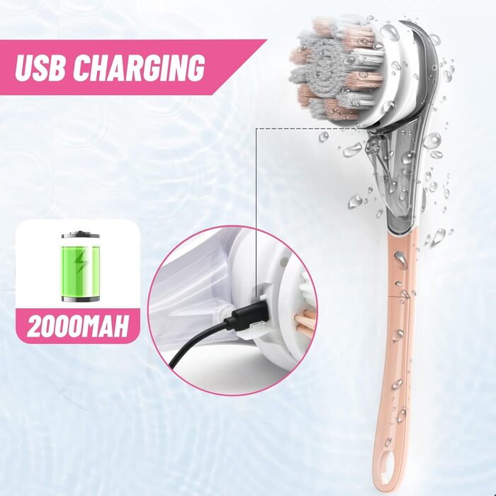 6-in-1 Electric Back Brush, Shower Brush with 6 Multifunctional Cleaning Heads, Body Brush 360° Rotation, IPX7 Waterproof 3 Speed Spin Cleaning Brush for Men Women (Pink)