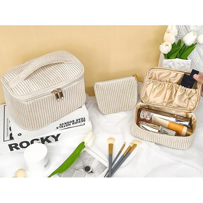 Набір косметичок для жінок: 3 шт. - для макіяжу, подорожей, повсякденного використання. Колір: бежевий