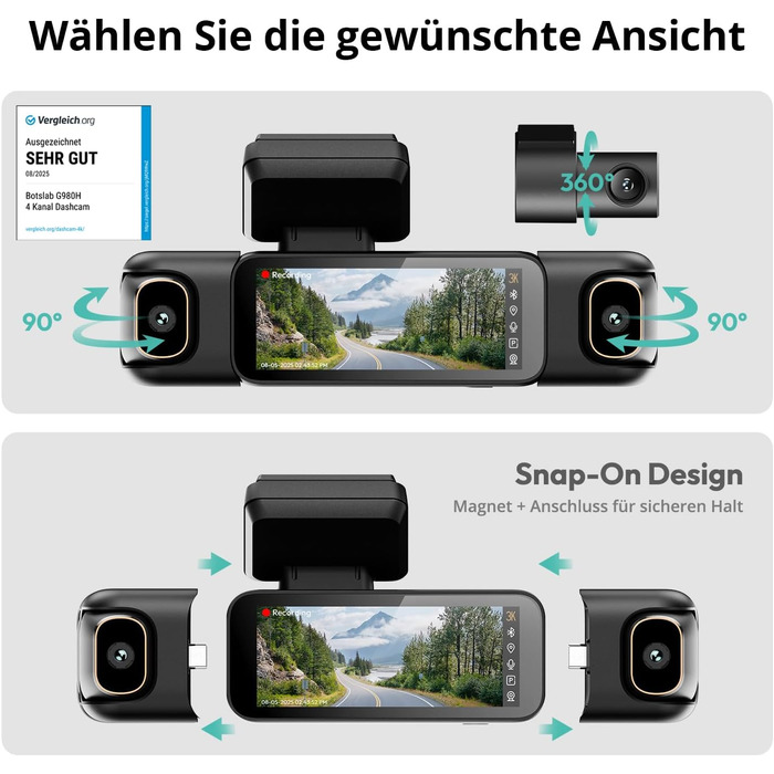 Dashcam BOTSLAB G980H 4-канальна з GPS, WiFi, IPS-дисплеєм та Super Night Vision, 3K+3*1080P, 128GB SD, G-Sensor, Loop-запис, Park Monitoring