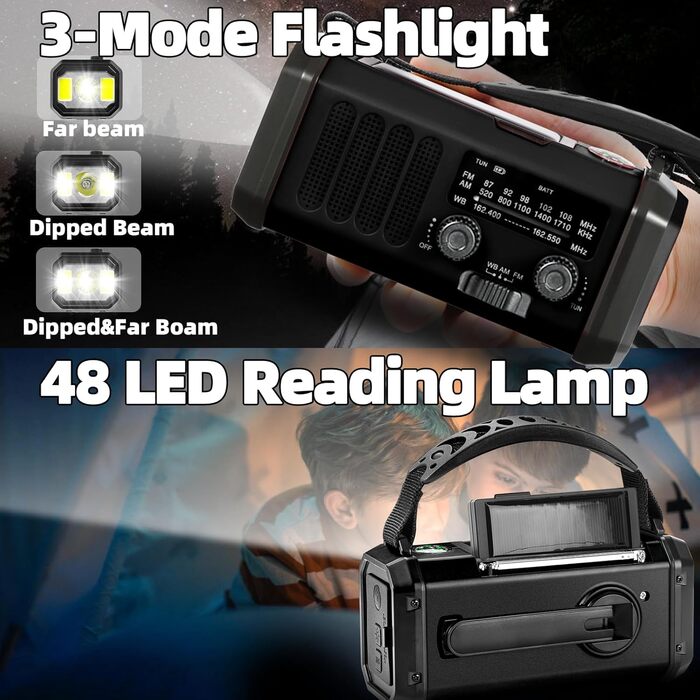 Радіо на ручку з LED-ліхтариком, сонячне, AM/FM, для надзвичайних ситуацій, кемпінгу, чорне