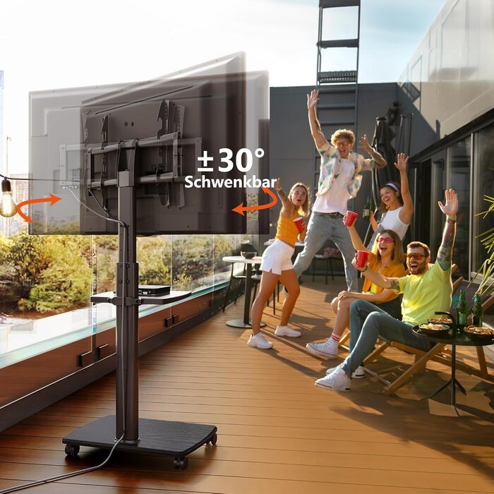FITUEYES Rolling TV Stand with Wood Shelf - Adjustable Height & Swivel - Fits 32-70 inch TVs up to 40kg, VESA 400x600 - White/Black