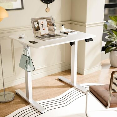 ERGOMAKER Electric Height Adjustable Desk 80x60cm - Small Standing Desk with 2-Section Tabletop, Height Adjustable Desk for Home Office, White Frame & Tabletop